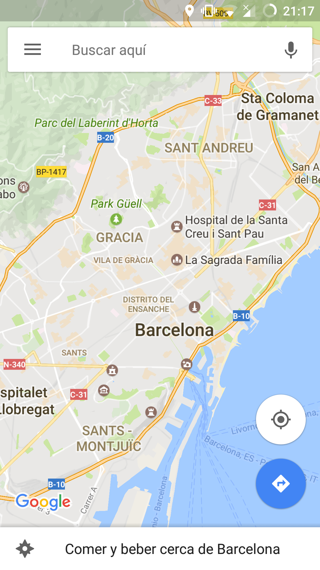 Mapa de Barcelona en la aplicación de Google Maps
