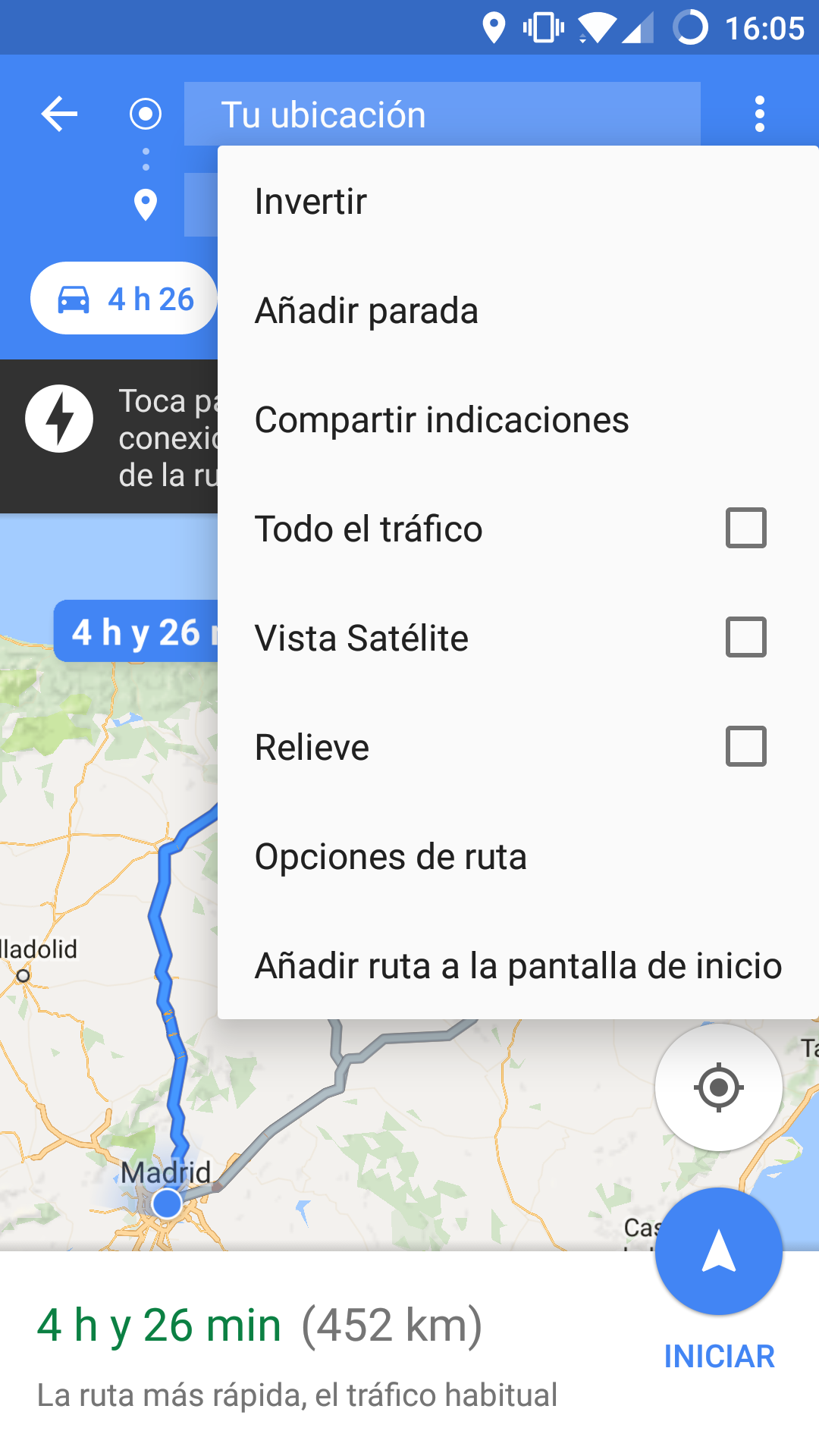 Menú de opciones de navegación GPS de Google Maps