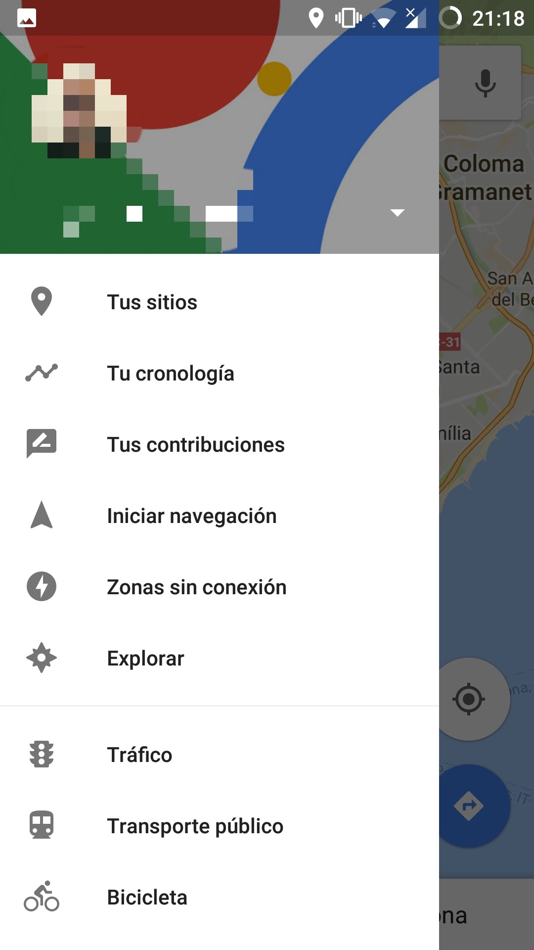 Menú lateral de la aplicación de Google Maps