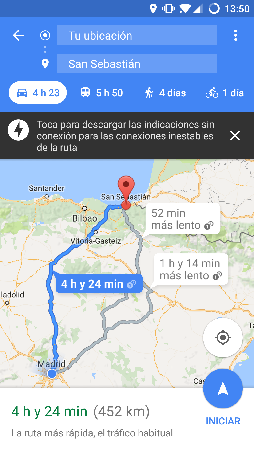Rutas en coche desde Madrid a San Sebastián para navegar con Google Maps