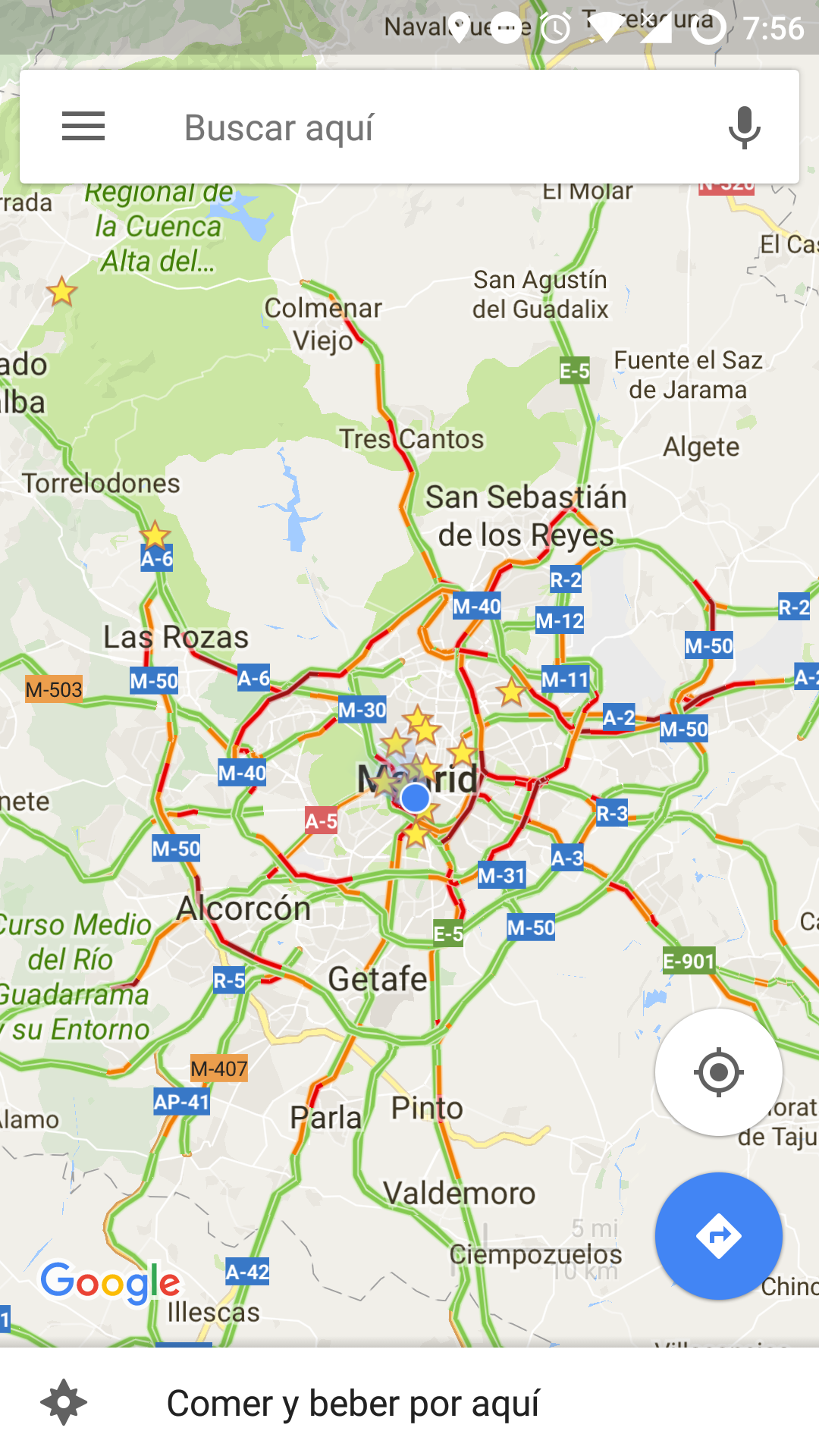 Tráfico en tiempo real de Madrid visto con la aplicación de Google Maps