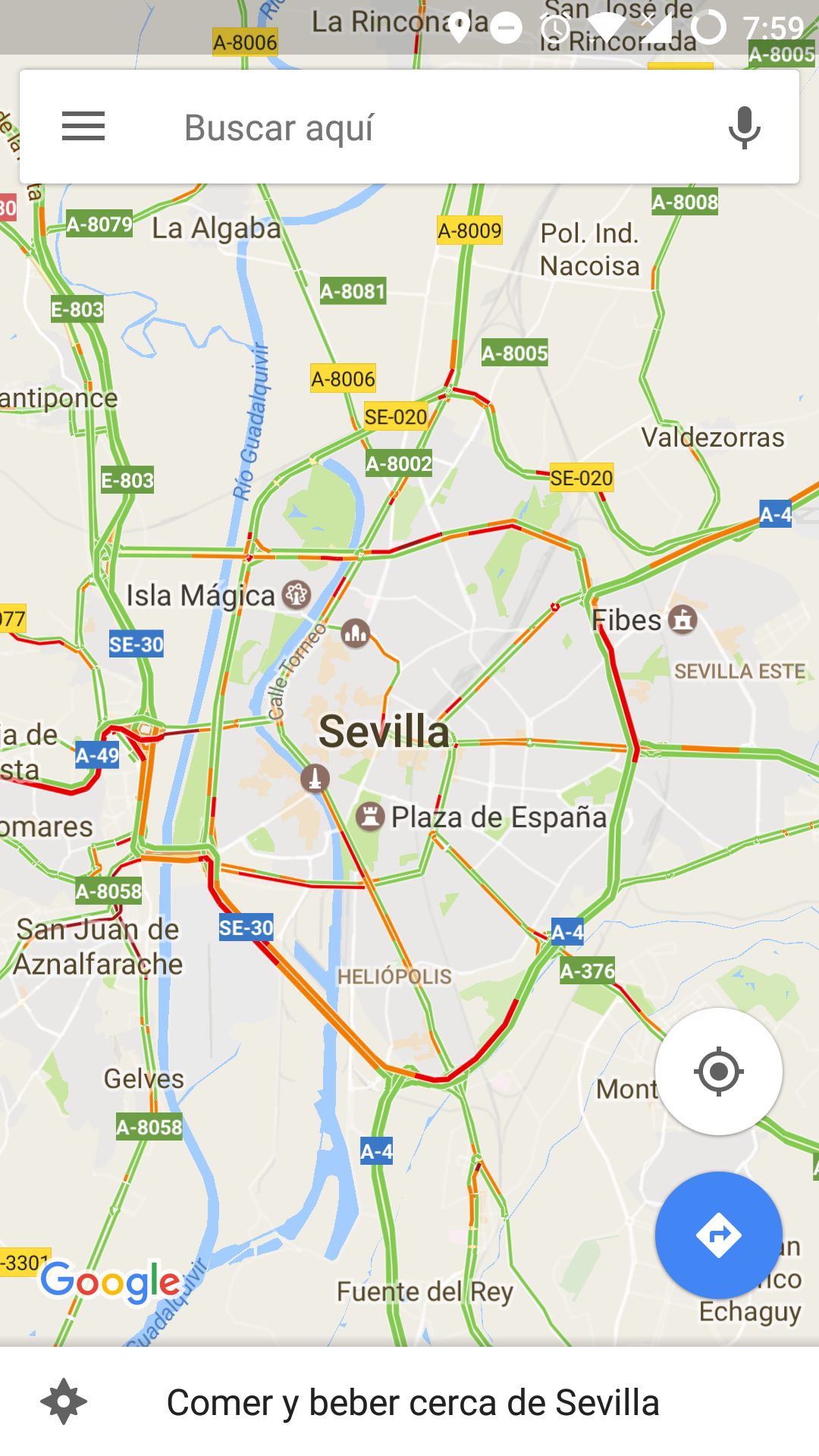 Tráfico en tiempo real de Sevilla visto con la aplicación de Google Maps
