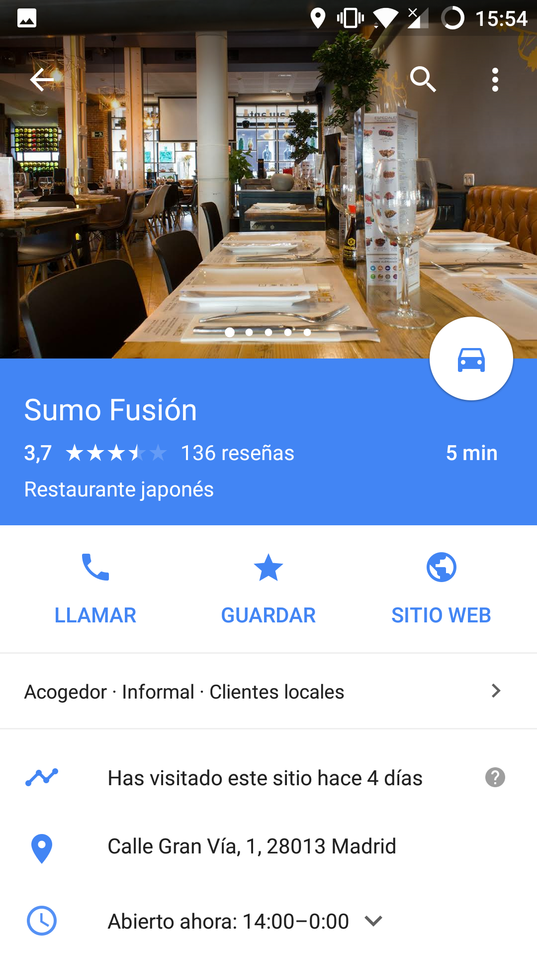 Información de un lugar encontrado a través de la aplicación de Google Maps