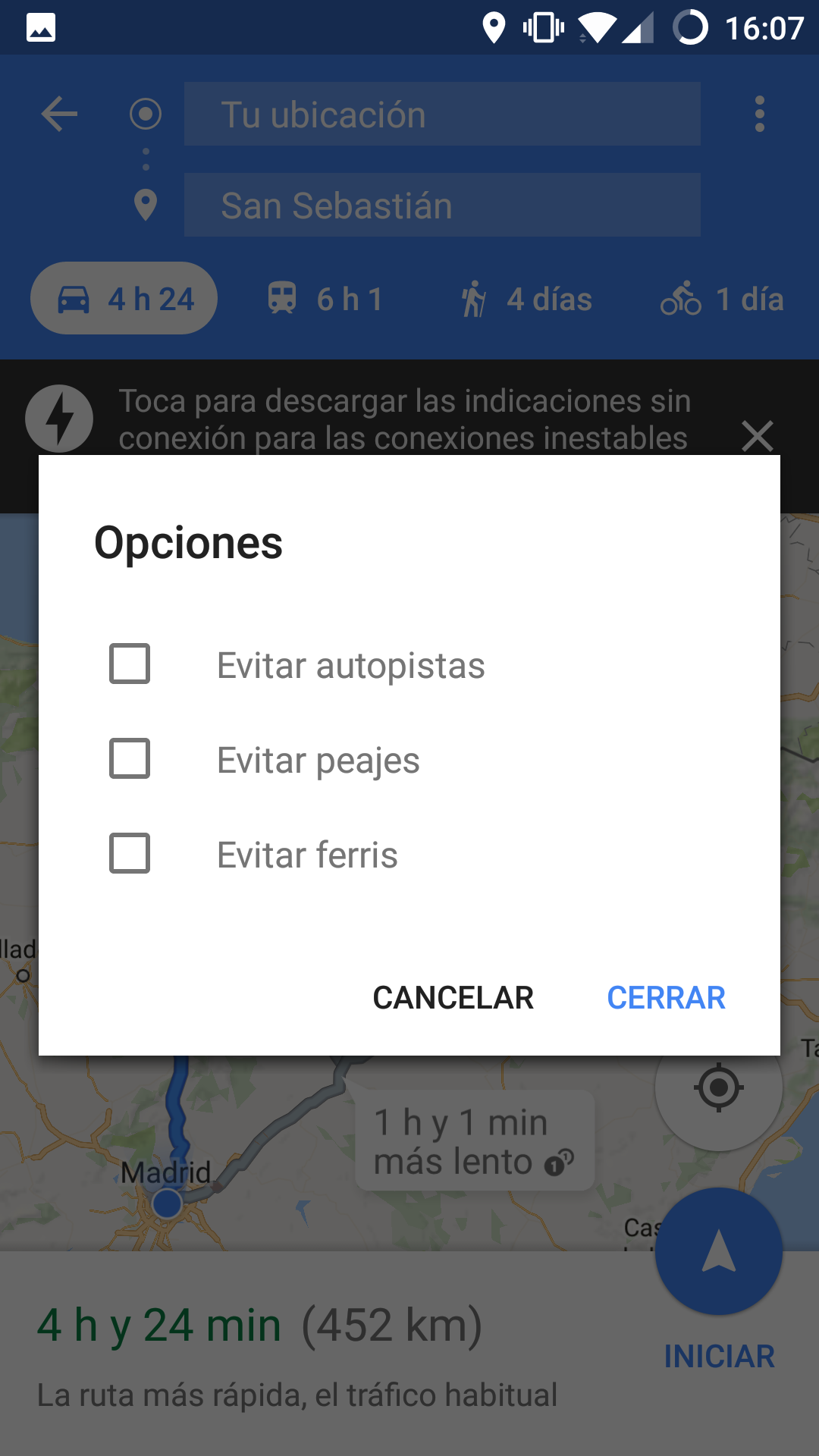 Opciones de ruta de navegación GPS de Google Maps