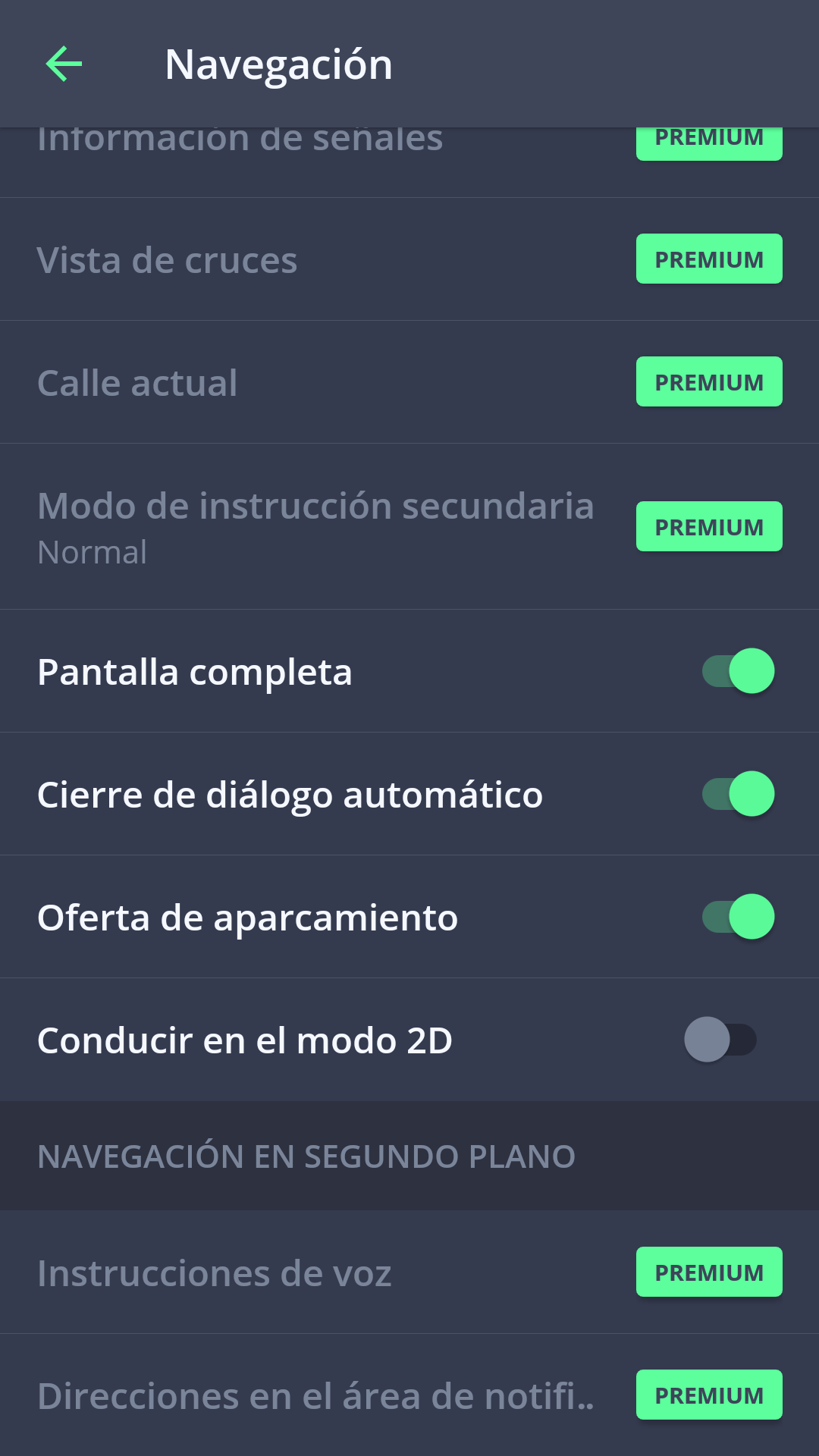 Menú de opciones de configuración para la Navegación de Sygic GPS