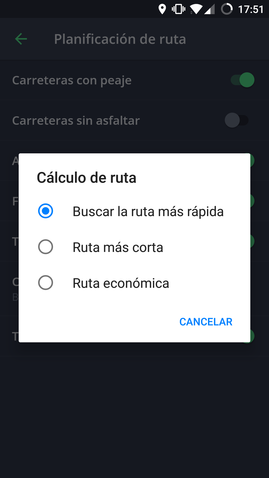 Menú para seleccionar el tipo de ruta que quieres usar en Sygic GPS (la más rápida, la más corta o la más económica)